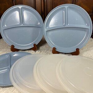 Vintage 6pc Rubbermaid Blue Microwave Servin' Saver Divided Dishes with Lids